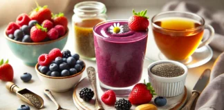 A deep purple berry smoothie infused with chamomile in a clear glass, surrounded by fresh mixed berries, chia seeds, almond butter, and a cup of brewed chamomile tea on a bright kitchen counter. A soothing and antioxidant-rich drink designed to support gut health and relieve stomach cramps.
