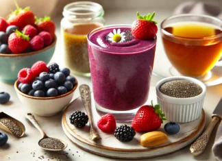 A deep purple berry smoothie infused with chamomile in a clear glass, surrounded by fresh mixed berries, chia seeds, almond butter, and a cup of brewed chamomile tea on a bright kitchen counter. A soothing and antioxidant-rich drink designed to support gut health and relieve stomach cramps.