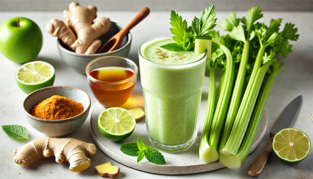 A chamomile-infused green tea smoothie in a clear glass, surrounded by fresh celery stalks, brewed chamomile tea, grated ginger, mint leaves, and a halved lime on a clean kitchen counter. A refreshing drink designed to soothe digestion and relieve stomach cramps.
