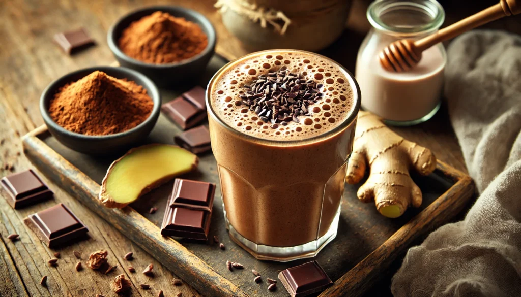 A rich and creamy chocolate-ginger metabolism shake in a clear glass, with a deep brown color and a frothy texture. The smoothie is garnished with cacao nibs and a drizzle of honey. Surrounding the glass are fresh ginger root, a halved avocado, a scoop of chocolate protein powder, and a small dish of oat milk on a rustic wooden surface, highlighted by soft natural lighting.