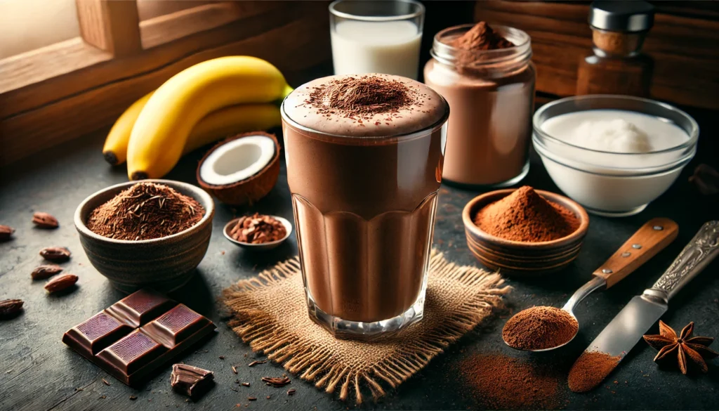 A rich and creamy chocolate-Greek yogurt smoothie in a glass, garnished with cacao powder, surrounded by fresh ingredients including Greek yogurt, raw cacao, banana, and coconut milk on a wooden countertop.