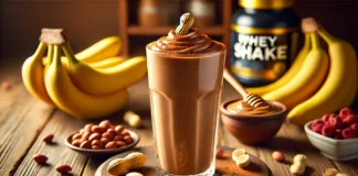 A tall glass of Chocolate-Peanut Power Shake with a rich, creamy brown texture, garnished with a peanut and a light dusting of cocoa powder. Surrounding the smoothie are fresh banana slices, a small bowl of peanut butter, a scoop of chocolate whey protein, and a cinnamon stick on a wooden table, creating a warm and inviting post-workout recovery drink.
