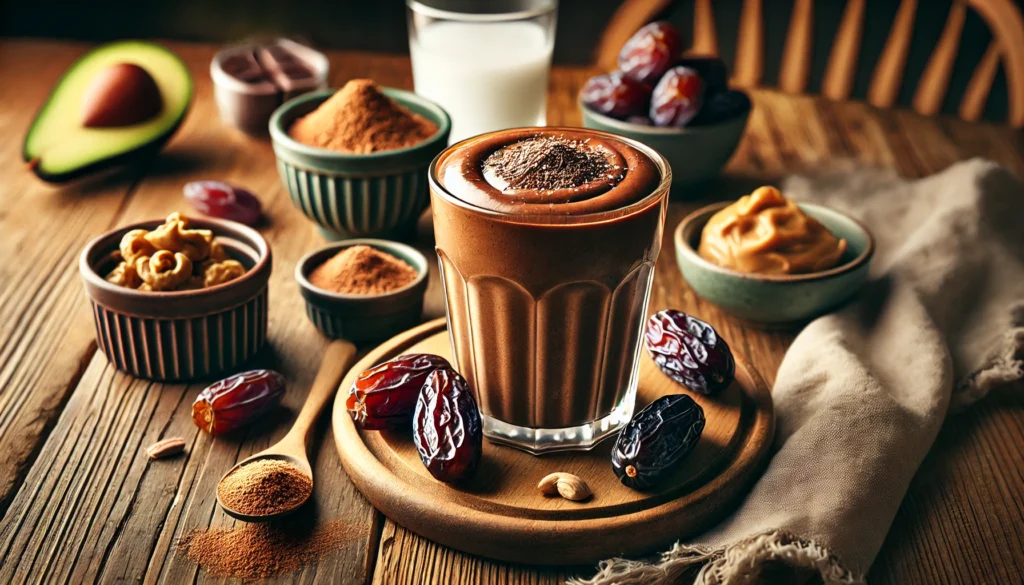 A rich chocolate power fuel smoothie in a glass, garnished with cacao powder, surrounded by fresh ingredients including Medjool dates, cacao powder, peanut butter, maca powder, and coconut water on a wooden countertop.