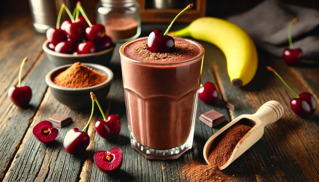 A rich, deep chocolate-colored Chocolate-Tart Cherry Recovery Smoothie in a tall glass, topped with a cherry and dusted cacao powder. The smoothie sits on a rustic wooden table, accompanied by fresh tart cherries, a small bowl of cacao powder, a ripe banana, and a scoop of chocolate protein powder, creating a warm, muscle-repairing ambiance.