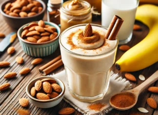 A creamy cinnamon-almond smoothie in a glass, garnished with a sprinkle of cinnamon and almonds, placed on a wooden table. Surrounding the glass are ingredients including a banana, a small bowl of almonds, a jar of almond butter, a small dish of Greek yogurt, and a glass of almond milk. The setting is bright and inviting, emphasizing health and nutrition.
