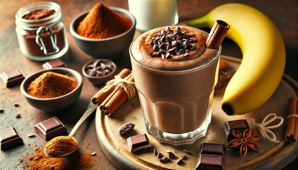 A rich and creamy cinnamon-cacao blood sugar support smoothie in a glass, garnished with cacao nibs and a light dusting of cinnamon. Surrounding the glass are ingredients including a small bowl of raw cacao powder, a frozen banana, a scoop of chocolate protein powder, a spoonful of peanut butter, and a glass of almond milk. The background is warm and inviting, with a rustic wooden surface emphasizing indulgence and health benefits.