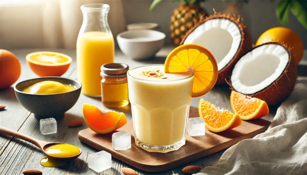 A bright citrus coconut refresher smoothie in a tall glass, garnished with an orange slice, surrounded by coconut water, orange segments, lemon slices, honey, and ice cubes on a wooden countertop.