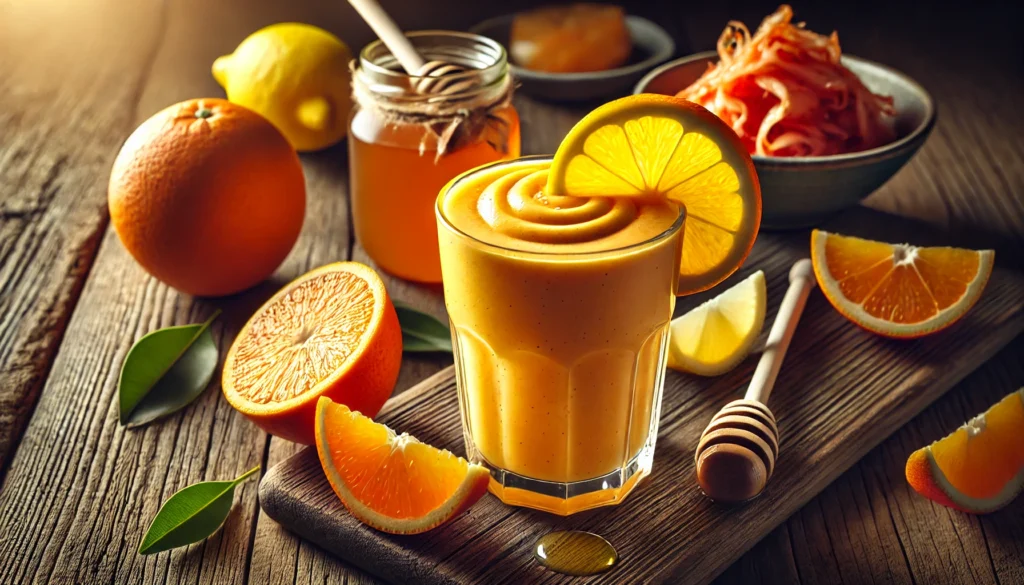 A bright orange citrus and kimchi smoothie in a clear glass with a creamy, frothy texture, garnished with a thin slice of orange and a drizzle of honey. The setting includes a rustic wooden table with fresh orange segments, a small dish of kimchi, a halved lemon, and a honey dipper, highlighting the smoothie’s immune-boosting and probiotic benefits.