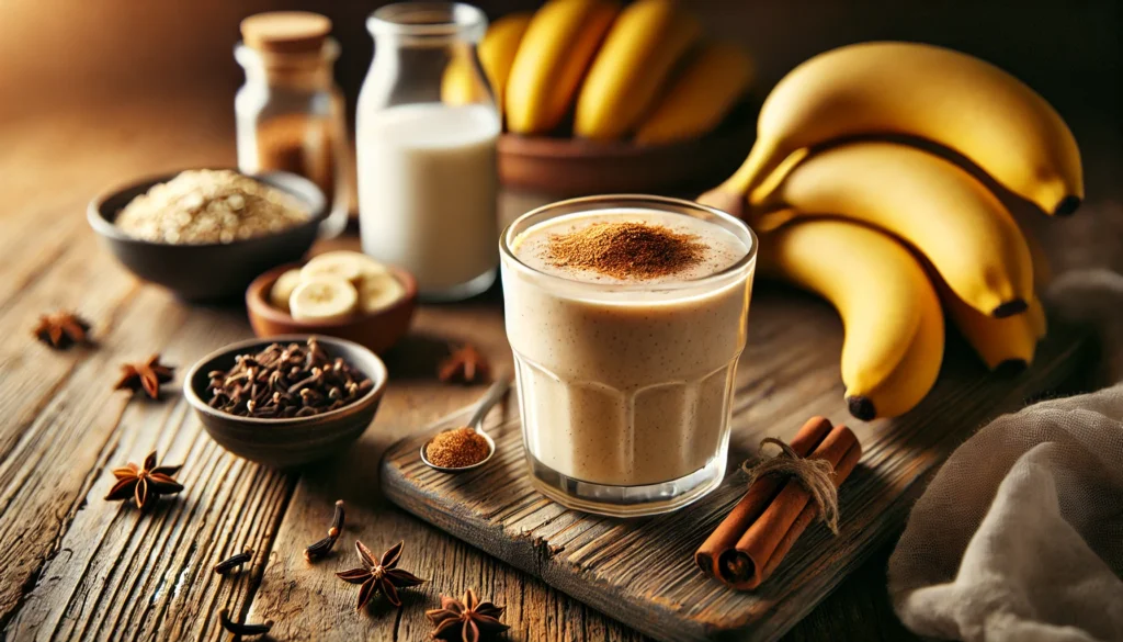 A rich and creamy clove-banana nutmeg relaxation smoothie served in a glass with a sprinkle of nutmeg on top. The smoothie is placed on a rustic wooden table surrounded by ripe bananas, ground cloves, a small bowl of Greek yogurt, and a glass of oat milk, with warm, soothing lighting.