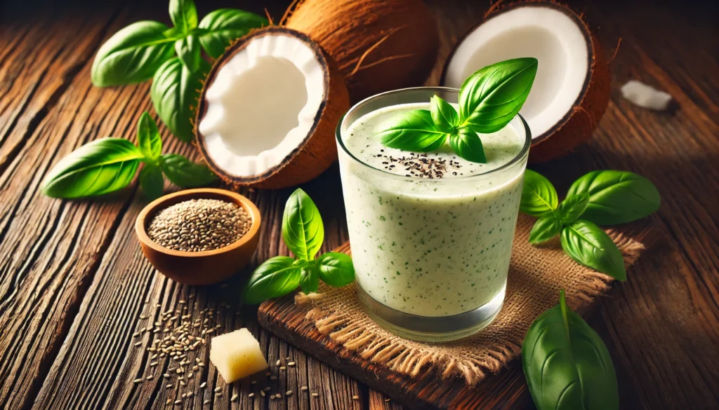 A coconut-basil deep relaxation smoothie in a clear glass, featuring a creamy tropical texture with a light green hue. The smoothie is garnished with a fresh basil leaf. Surrounding the glass are fresh coconut halves, frozen pineapple chunks, and a small bowl of hemp seeds, all arranged on a rustic wooden table with soft, warm lighting for a calming nighttime effect.
