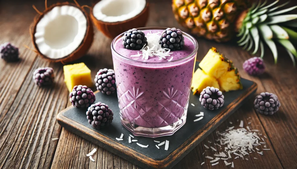 A tropical blackberry smoothie in a glass, blended with coconut milk, frozen pineapple chunks, and ginger. The smoothie has a creamy, light purple texture and is garnished with coconut flakes and a few blackberries. The background features a wooden surface with coconut pieces and pineapple slices subtly visible.