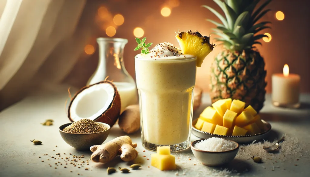 A tropical coconut-cardamom deep sleep smoothie in a clear glass, surrounded by coconut milk, frozen pineapple chunks, ginger root, and hemp seeds. The creamy, pale yellow color and smooth texture evoke a peaceful, sleep-enhancing experience in a warm, relaxing setting.