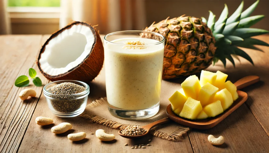 A creamy coconut-cashew smoothie in a glass, placed on a wooden table with a halved coconut, cashew butter, frozen pineapple chunks, and hemp seeds. The smoothie has a smooth, tropical texture with a hint of ginger, promoting relaxation before bedtime.