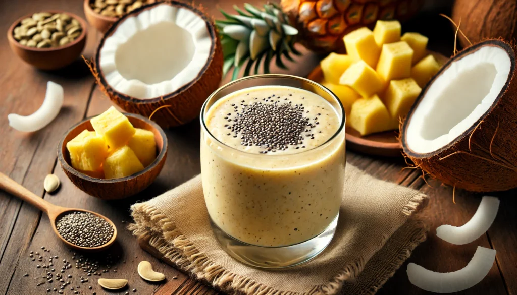 A coconut-chia deep sleep smoothie in a clear glass, featuring a creamy tropical texture with a light golden hue. The smoothie is garnished with a sprinkle of chia seeds. Surrounding the glass are fresh coconut halves, frozen pineapple chunks, and a small bowl of pumpkin seeds, all arranged on a rustic wooden table with soft, warm lighting for a calming nighttime effect.