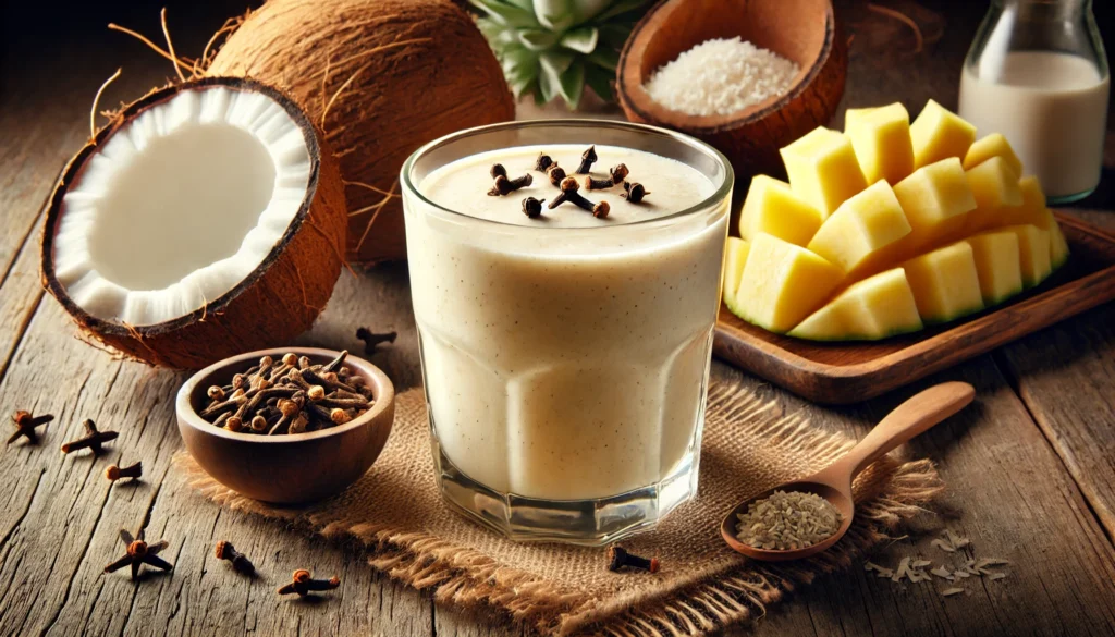 A coconut-clove deep relaxation smoothie in a clear glass, featuring a creamy tropical texture with a light golden hue. The smoothie is garnished with a small bowl of cloves nearby. Surrounding the glass are fresh coconut halves, frozen pineapple chunks, and a small bowl of hemp seeds, all arranged on a rustic wooden table with soft, warm lighting for a calming nighttime effect.