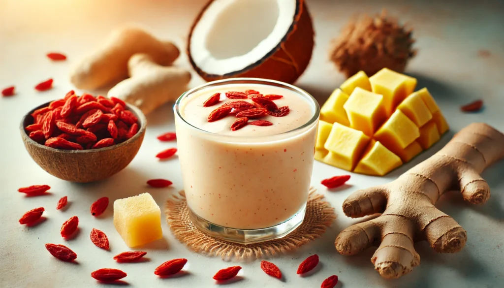 A tropical coconut-goji relaxation smoothie in a clear glass, surrounded by dried goji berries, coconut milk, frozen pineapple chunks, and fresh ginger root. The smoothie has a creamy, pale orange-red color with a smooth texture, creating a peaceful and stress-relieving atmosphere in warm, relaxing tones.