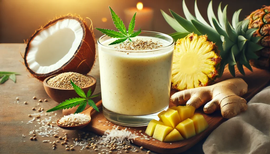 A tropical coconut-hemp deep relaxation smoothie in a clear glass, surrounded by coconut milk, hemp seeds, frozen pineapple chunks, and fresh ginger root. The smoothie has a creamy, pale yellow color with a smooth texture, creating a peaceful and stress-relieving atmosphere in warm, relaxing tones.