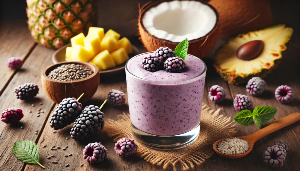 A coconut-mulberry deep sleep smoothie in a clear glass, featuring a creamy tropical texture with a light purple hue. The smoothie is garnished with fresh mulberries. Surrounding the glass are fresh coconut halves, frozen pineapple chunks, and a small bowl of hemp seeds, all arranged on a rustic wooden table with soft, warm lighting for a calming nighttime effect.