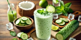A tall glass of Cooling Cucumber and Mint Hydration Smoothie with a light green, frothy texture, garnished with a cucumber slice and fresh mint leaves. Surrounding the smoothie are chopped cucumber pieces, a small bowl of coconut water, a lime wedge, and ice cubes on a wooden table, creating a fresh and hydrating atmosphere.