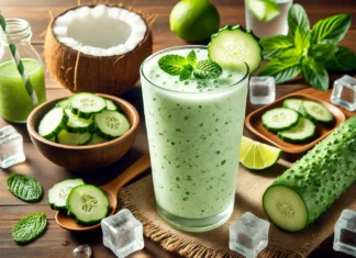 A tall glass of Cooling Cucumber and Mint Hydration Smoothie with a light green, frothy texture, garnished with a cucumber slice and fresh mint leaves. Surrounding the smoothie are chopped cucumber pieces, a small bowl of coconut water, a lime wedge, and ice cubes on a wooden table, creating a fresh and hydrating atmosphere.