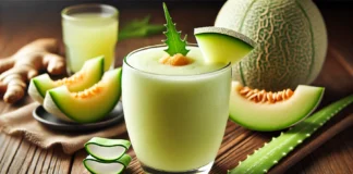 A refreshing pale green melon aloe vera smoothie in a clear glass, garnished with a small aloe vera leaf and a slice of honeydew melon. The setting includes a wooden table with fresh honeydew melon slices, a small glass of aloe vera juice, and a piece of fresh ginger, emphasizing the smoothie’s hydrating and stomach-soothing benefits.
