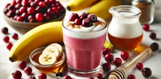 A deep red cranberry and banana smoothie in a clear glass, surrounded by fresh cranberries, banana slices, Greek yogurt, honey, and cinnamon on a bright kitchen counter. A gut-friendly drink designed to prevent harmful bacteria from thriving and support immune health.