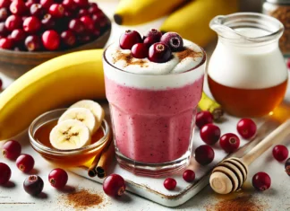 A deep red cranberry and banana smoothie in a clear glass, surrounded by fresh cranberries, banana slices, Greek yogurt, honey, and cinnamon on a bright kitchen counter. A gut-friendly drink designed to prevent harmful bacteria from thriving and support immune health.