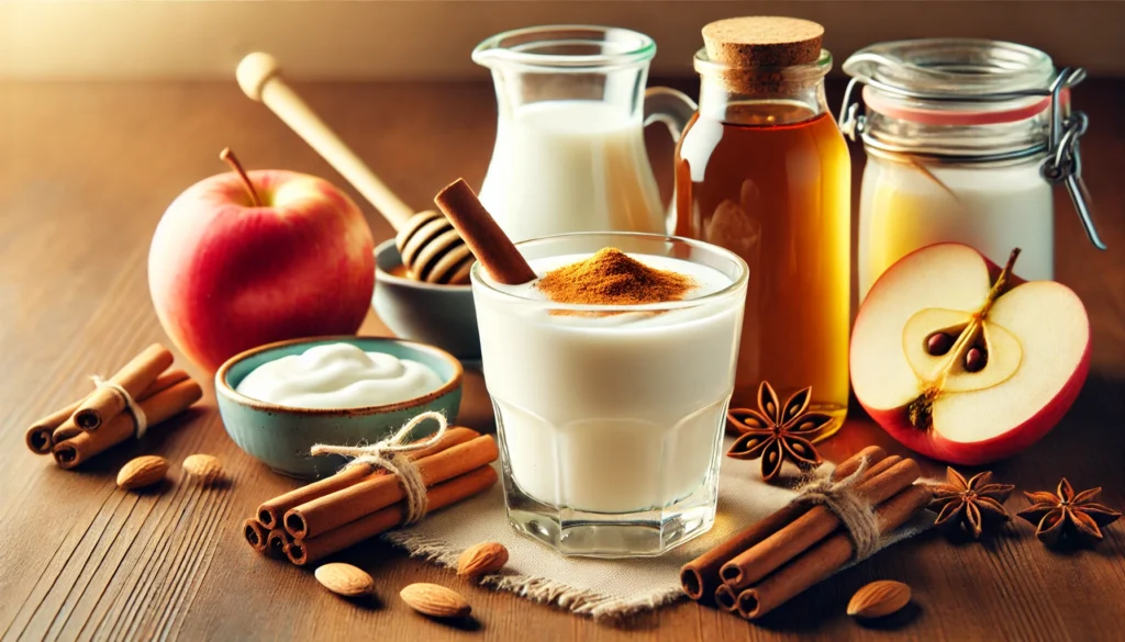 A smooth apple cider vinegar and cinnamon smoothie in a clear glass, surrounded by apple cider vinegar, Greek yogurt, almond milk, cinnamon sticks, and honey on a warm kitchen counter. A gut-friendly drink designed to support digestion and regulate stomach acid levels.
