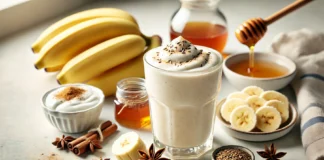 A light beige anise and banana smoothie in a clear glass, surrounded by fresh banana slices, anise seeds, Greek yogurt, honey, and cinnamon on a bright kitchen counter. A gut-soothing drink designed to relax intestinal muscles and relieve cramping.