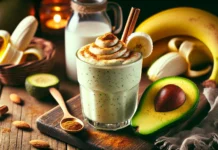A creamy avocado-banana smoothie in a clear glass, garnished with a sprinkle of cinnamon and a banana slice. The smoothie sits on a rustic wooden table with a halved avocado, a peeled banana, and a glass of almond milk, creating a warm and cozy nighttime ambiance.
