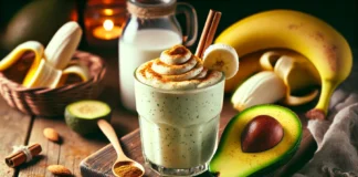 A creamy avocado-banana smoothie in a clear glass, garnished with a sprinkle of cinnamon and a banana slice. The smoothie sits on a rustic wooden table with a halved avocado, a peeled banana, and a glass of almond milk, creating a warm and cozy nighttime ambiance.