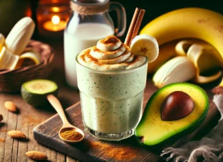 A creamy avocado-banana smoothie in a clear glass, garnished with a sprinkle of cinnamon and a banana slice. The smoothie sits on a rustic wooden table with a halved avocado, a peeled banana, and a glass of almond milk, creating a warm and cozy nighttime ambiance.