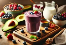 A rich, deep purple avocado-berry collagen booster smoothie in a glass, garnished with fresh berries, surrounded by avocado halves, mixed berries, Greek yogurt, honey, and almond milk on a wooden countertop.