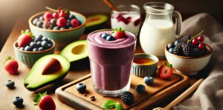 A rich, deep purple avocado-berry collagen booster smoothie in a glass, garnished with fresh berries, surrounded by avocado halves, mixed berries, Greek yogurt, honey, and almond milk on a wooden countertop.