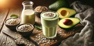 A creamy, nutrient-rich smoothie in a glass, featuring avocado, sunflower seeds, and oat milk. The smoothie has a smooth, light green texture and is placed on a rustic wooden table with a halved avocado, a small bowl of sunflower seeds, and a drizzle of maple syrup nearby. The setting has a warm and natural ambiance, highlighting the smoothie’s muscle-relaxing benefits.
