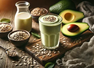 A creamy, nutrient-rich smoothie in a glass, featuring avocado, sunflower seeds, and oat milk. The smoothie has a smooth, light green texture and is placed on a rustic wooden table with a halved avocado, a small bowl of sunflower seeds, and a drizzle of maple syrup nearby. The setting has a warm and natural ambiance, highlighting the smoothie’s muscle-relaxing benefits.