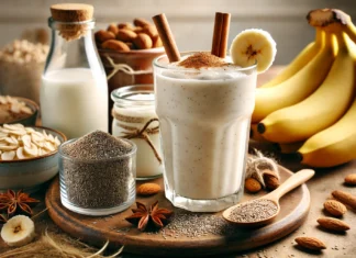 A creamy beige smoothie in a clear glass, garnished with banana slices and a sprinkle of cinnamon. The smoothie sits on a wooden countertop, surrounded by Greek yogurt, psyllium husk, and almond milk, creating a wholesome and nutritious digestive-boosting scene.