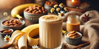 A creamy chamomile banana smoothie in a glass with a soft, golden hue, surrounded by dried chamomile flowers, a peeled banana, a small dish of almond butter, and a sprinkle of cinnamon. The warm lighting creates a cozy, relaxing atmosphere for unwinding.