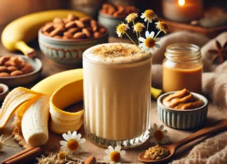 A creamy chamomile banana smoothie in a glass with a soft, golden hue, surrounded by dried chamomile flowers, a peeled banana, a small dish of almond butter, and a sprinkle of cinnamon. The warm lighting creates a cozy, relaxing atmosphere for unwinding.