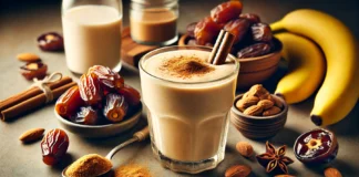A creamy date and almond energy boost smoothie in a glass, garnished with cinnamon, surrounded by fresh ingredients including Medjool dates, almond butter, frozen banana, cinnamon, and almond milk on a wooden countertop.