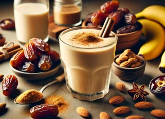 A creamy date and almond energy boost smoothie in a glass, garnished with cinnamon, surrounded by fresh ingredients including Medjool dates, almond butter, frozen banana, cinnamon, and almond milk on a wooden countertop.