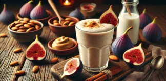 A creamy fig almond smoothie in a clear glass, with a smooth and nutty texture, garnished with a sprinkle of cinnamon and a sliced fig. The smoothie sits on a rustic wooden table with whole figs, a small bowl of almond butter, and a glass of almond milk, creating a warm and cozy nighttime ambiance.