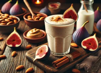 A creamy fig almond smoothie in a clear glass, with a smooth and nutty texture, garnished with a sprinkle of cinnamon and a sliced fig. The smoothie sits on a rustic wooden table with whole figs, a small bowl of almond butter, and a glass of almond milk, creating a warm and cozy nighttime ambiance.