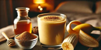A creamy flax-banana smoothie in a glass with a smooth, golden hue, surrounded by a peeled banana, a small dish of ground flaxseeds, a sprinkle of cinnamon, and a drizzle of honey. The cozy, sleep-friendly ambiance with warm lighting creates a calming nighttime atmosphere.