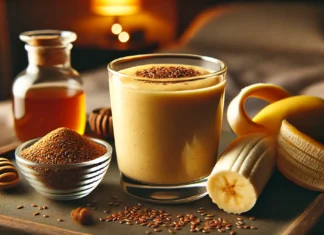 A creamy flax-banana smoothie in a glass with a smooth, golden hue, surrounded by a peeled banana, a small dish of ground flaxseeds, a sprinkle of cinnamon, and a drizzle of honey. The cozy, sleep-friendly ambiance with warm lighting creates a calming nighttime atmosphere.