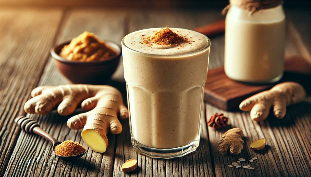 A creamy, nutty smoothie with a frothy texture, featuring ginger, almond butter, oat milk, and nutmeg. The smoothie is garnished with a sprinkle of nutmeg and surrounded by fresh ingredients on a wooden table, creating a cozy and relaxing ambiance.