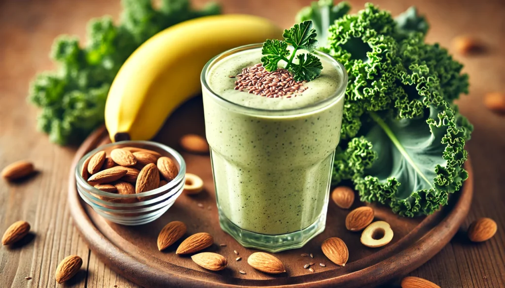 A light green almond kale smoothie in a clear glass, sprinkled with ground flaxseeds. Surrounding the glass are fresh kale leaves, almonds, a halved banana, and a small bowl of almond butter, with soft, natural lighting highlighting the wholesome ingredients.