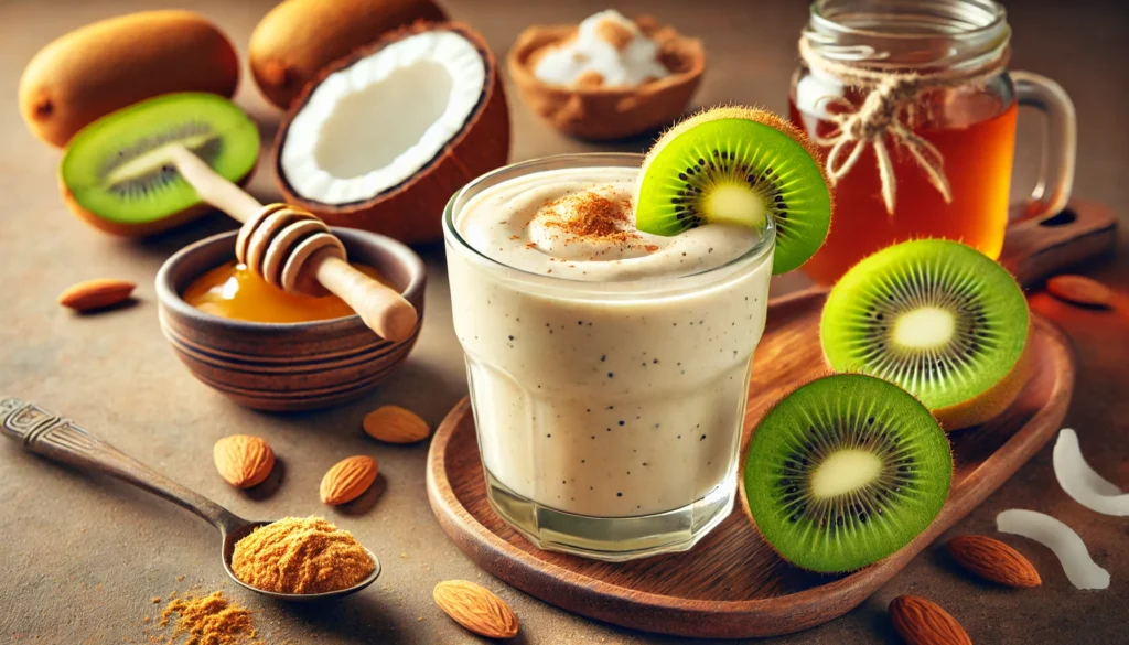 A smooth kiwi and coconut smoothie in a clear glass, surrounded by fresh kiwi slices, almond butter, coconut milk, honey, and cinnamon on a warm kitchen counter. A gut-friendly drink designed to support digestion and overall digestive health.