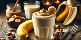 A creamy nutmeg banana smoothie in a clear glass, with a warm and frothy texture, garnished with a sprinkle of nutmeg and a banana slice. The smoothie sits on a rustic wooden table with a halved banana, a small bowl of almond butter, and a glass of warm almond milk, creating a cozy, dimly lit nighttime ambiance.