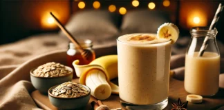 A creamy oat-banana smoothie in a glass with a smooth, light golden hue, surrounded by a peeled banana, a small dish of rolled oats, a sprinkle of cinnamon, and a drizzle of honey. The cozy, sleep-friendly ambiance with warm lighting enhances relaxation.